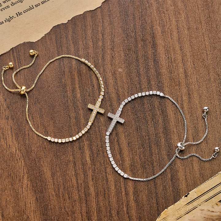 Christianartworkshop Bracciale tennis regolabile con chiusura a croce e pavé di zirconi scintillanti: emblema di radiosa guida celeste. - image 3