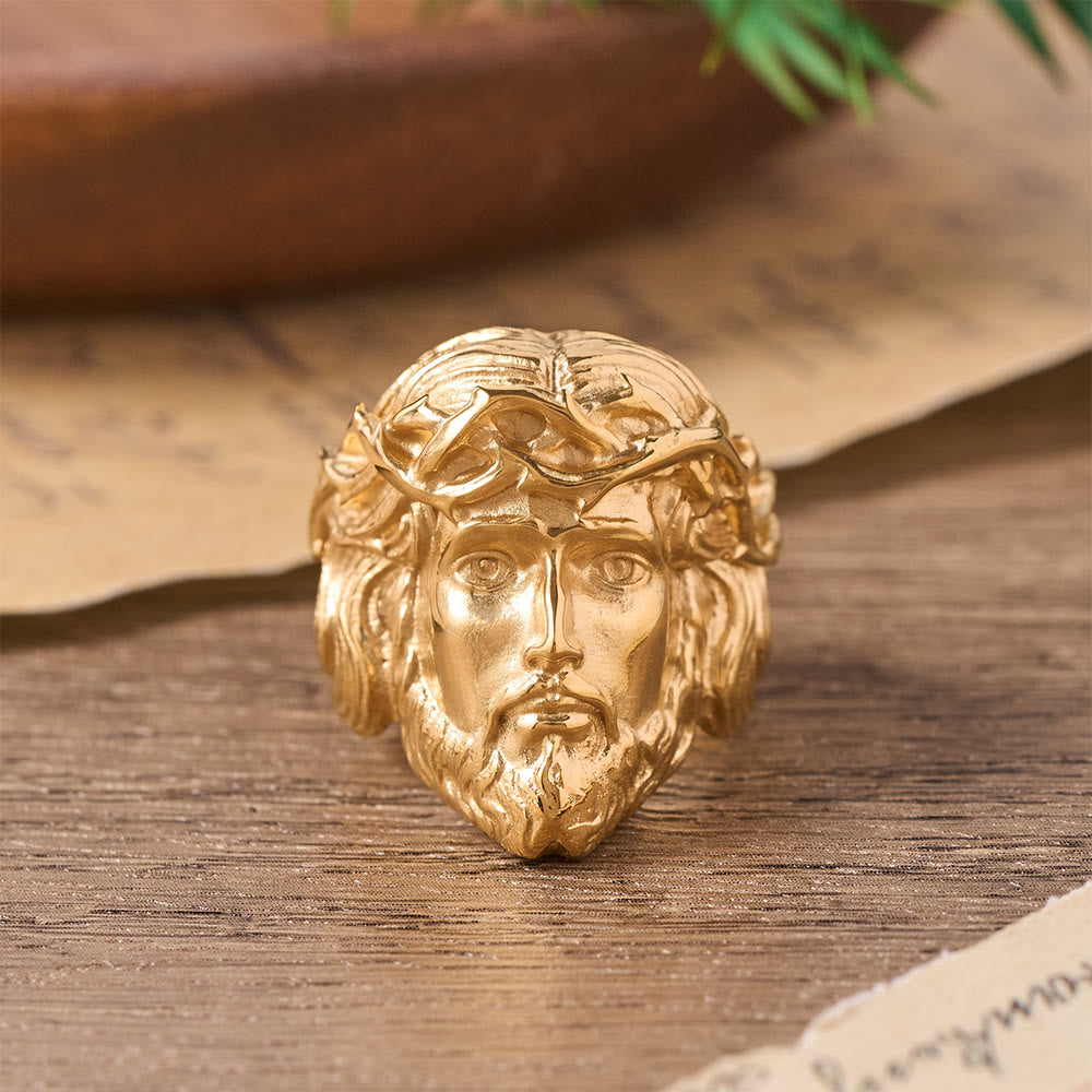 Christianartworkshop Anello in metallo bicolore con corona di spine a rilievo, sacro ritratto: emblema di infinita misericordia celeste. - D'oro - US 13 - image 1