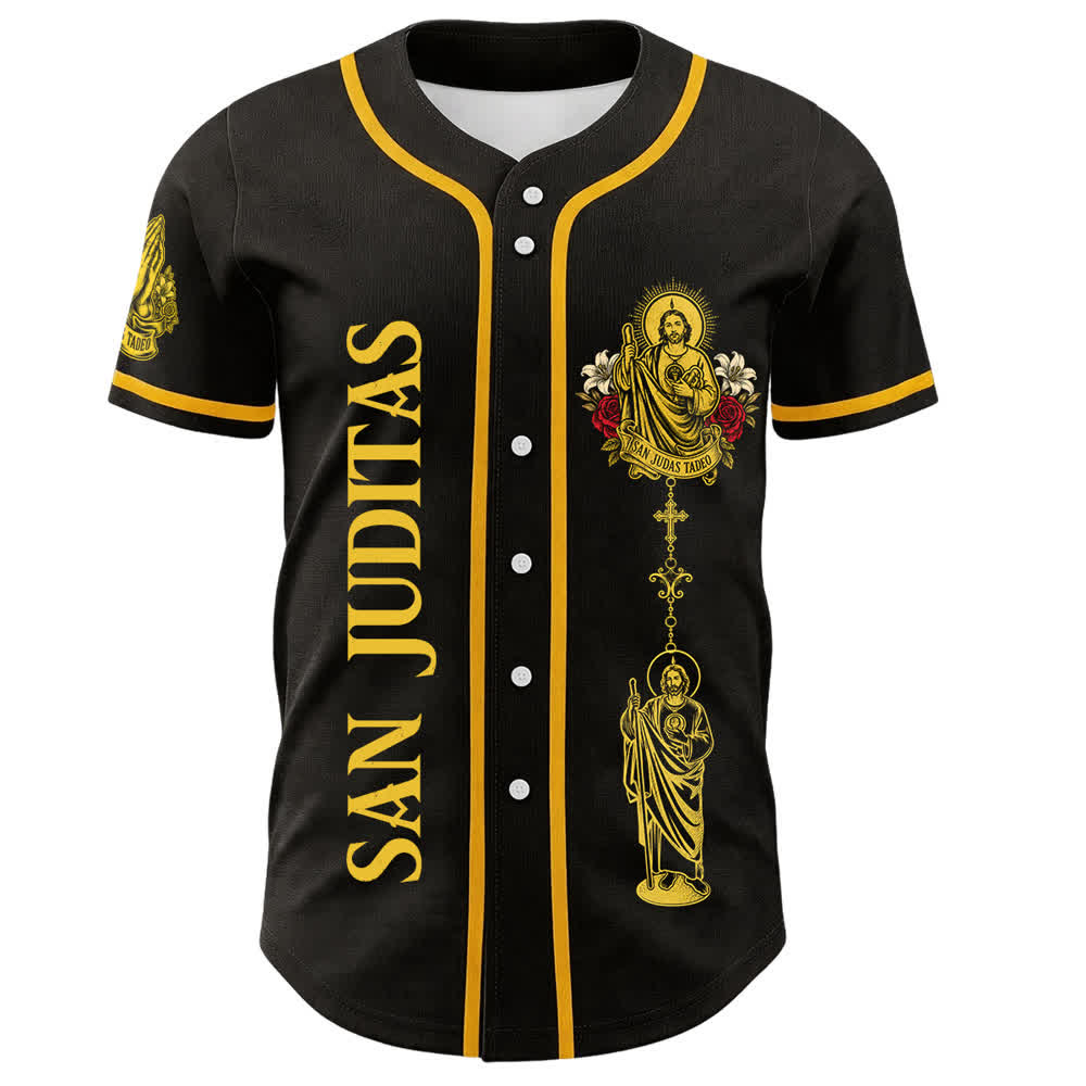 Christianartworkshop Maglia da baseball con bottoni e ritratto di San Giuda con rosa - image 1