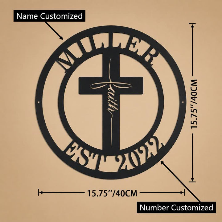 Christianartworkshop Decorazione murale circolare in metallo con croce della fede personalizzabile con nome e anno: simbolo di grazia condivisa in famiglia. - Nome e numero personalizzati - 15,75''*15,75''*0,04''/40*40*0,1 cm - image 8