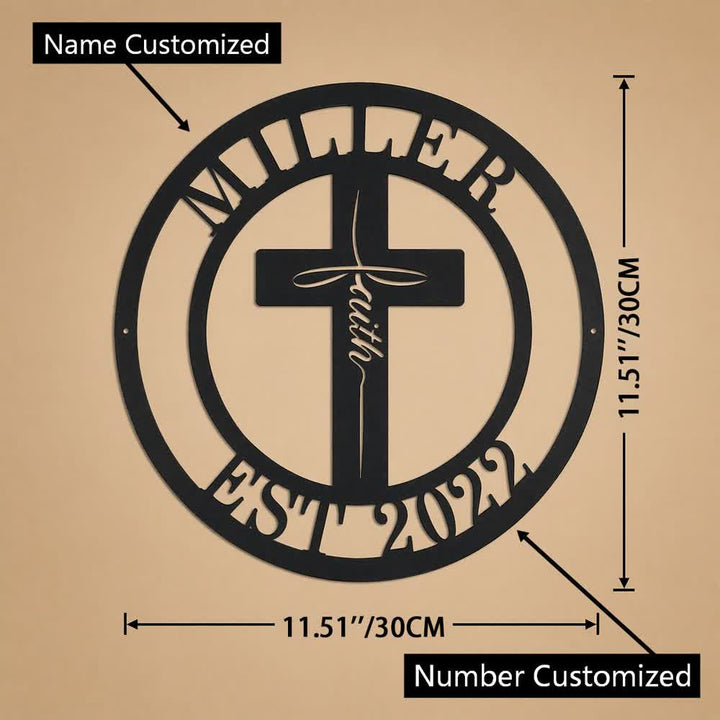 Christianartworkshop Decorazione murale circolare in metallo con croce della fede personalizzabile con nome e anno: simbolo di grazia condivisa in famiglia. - Nome e numero personalizzati - 11,81''*11,81''*0,04''/30*30*0,1 cm - image 9