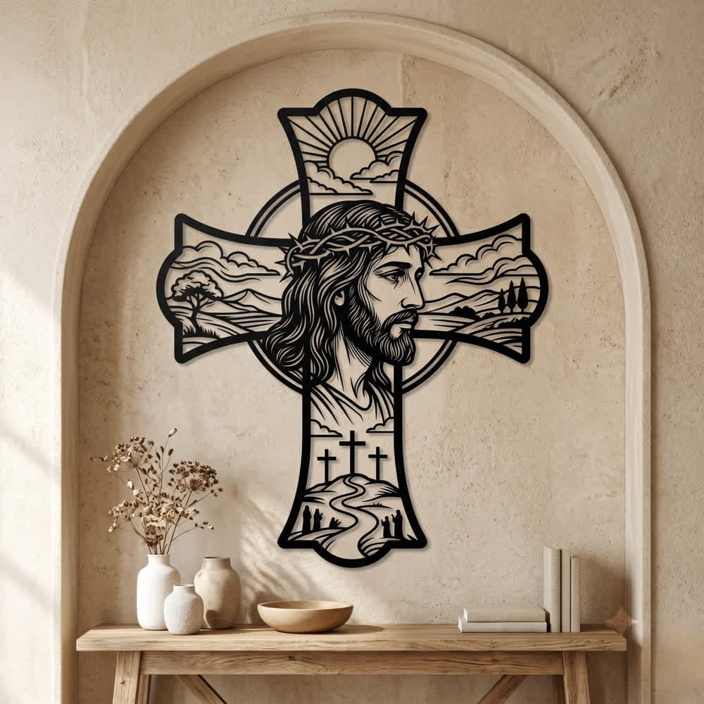 Christianartworkshop Decorazione murale in metallo tagliato al laser con tripla croce, corona di spine e Gesù sulla collina: riempie gli angoli di preghiera con un delicato calore divino. - image 0