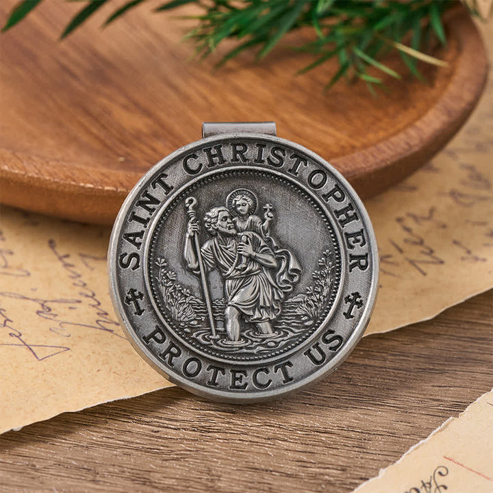 Christianartworkshop Clip per aletta parasole auto in lega con profondo rilievo di San Cristoforo: emblema di sicura guida celeste per un viaggio sicuro. - C - image 3