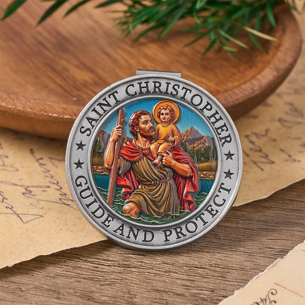 Christianartworkshop Clip per aletta parasole auto in lega con profondo rilievo di San Cristoforo: emblema di sicura guida celeste per un viaggio sicuro. - UN - image 1