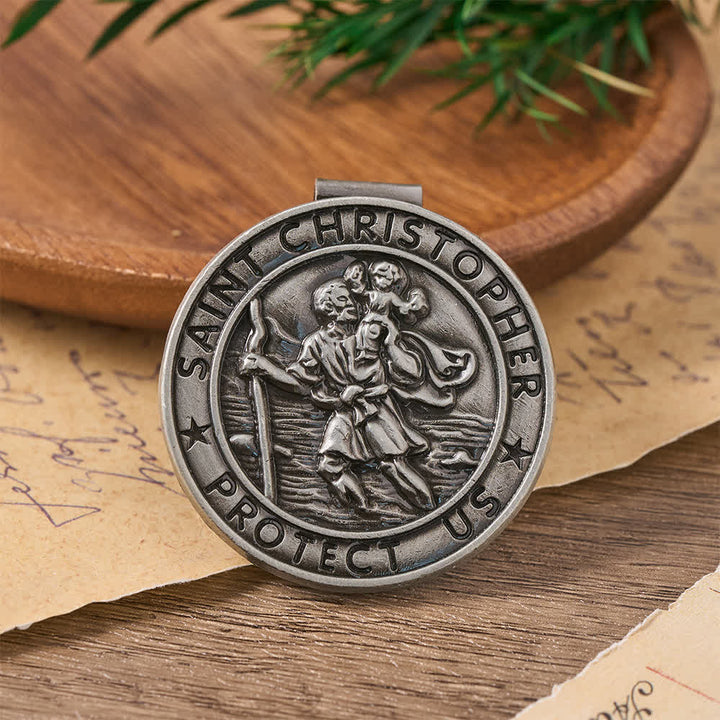 Christianartworkshop Clip per aletta parasole auto in lega con profondo rilievo di San Cristoforo: emblema di sicura guida celeste per un viaggio sicuro. - F - image 6