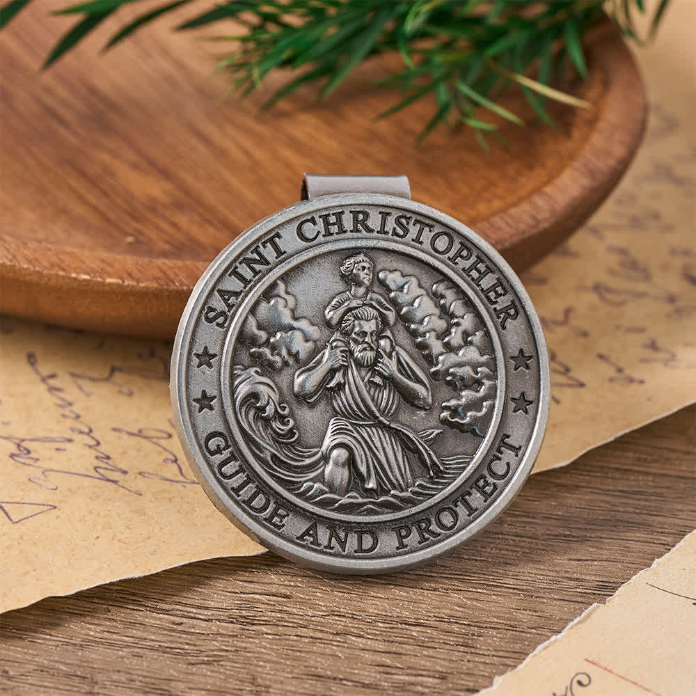 Christianartworkshop Clip per aletta parasole auto in lega con profondo rilievo di San Cristoforo: emblema di sicura guida celeste per un viaggio sicuro. - E - image 5