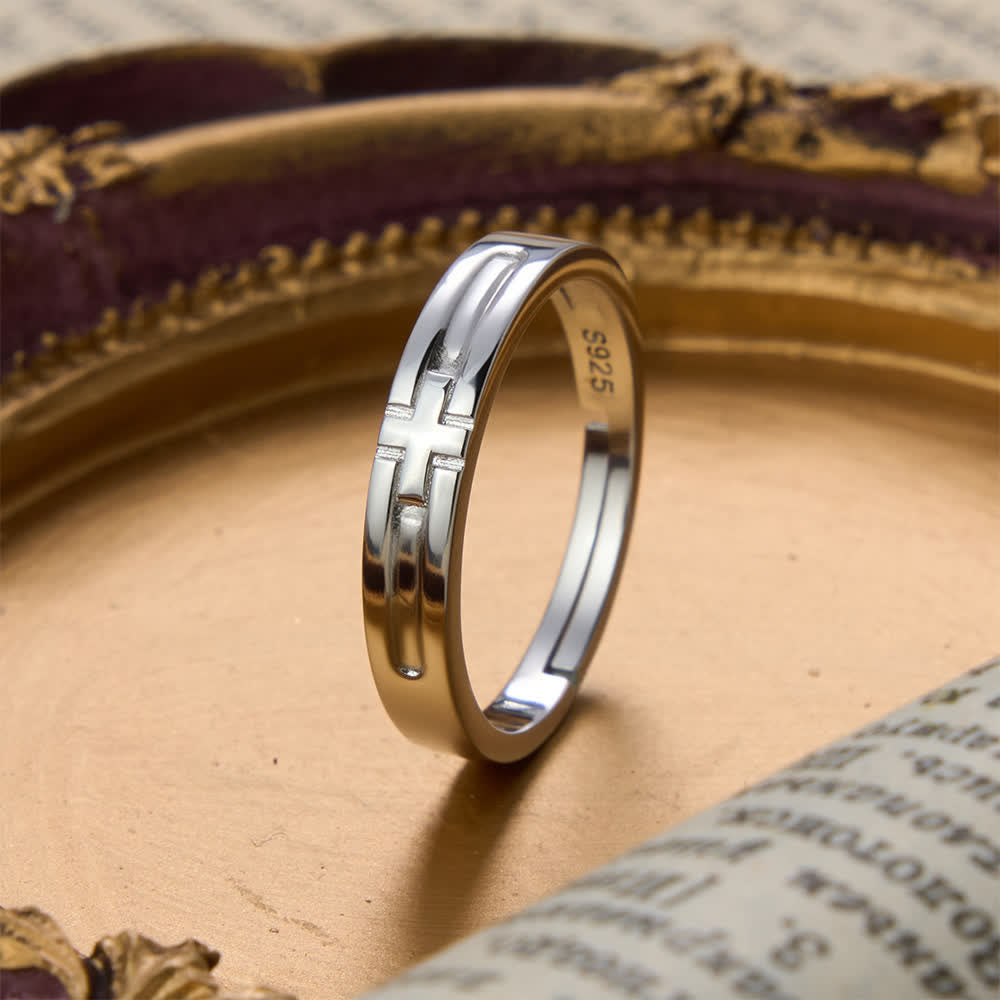 Christianartworkshop Set di anelli di coppia regolabili in argento sterling con doppia croce: emblema dell'alleanza celeste unificata. - image 3