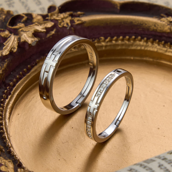 Christianartworkshop Set di anelli di coppia regolabili in argento sterling con doppia croce: emblema dell'alleanza celeste unificata. - Set di 2 pezzi (adatto alle taglie americane dalla 6 alla 11) - image 0