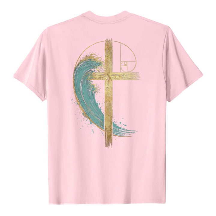 Christianartworkshop T-shirt classica con stampa su entrambi i lati e motivo a croce dorata e onda di Fibonacci - image 4