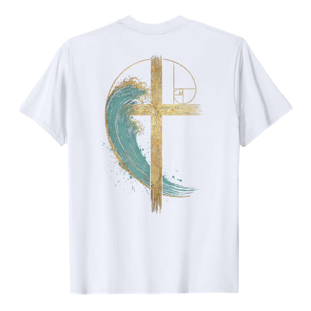 Christianartworkshop T-shirt classica con stampa su entrambi i lati e motivo a croce dorata e onda di Fibonacci - image 7