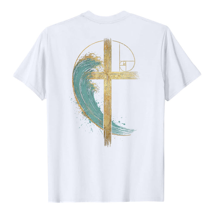 Christianartworkshop T-shirt classica con stampa su entrambi i lati e motivo a croce dorata e onda di Fibonacci - image 7