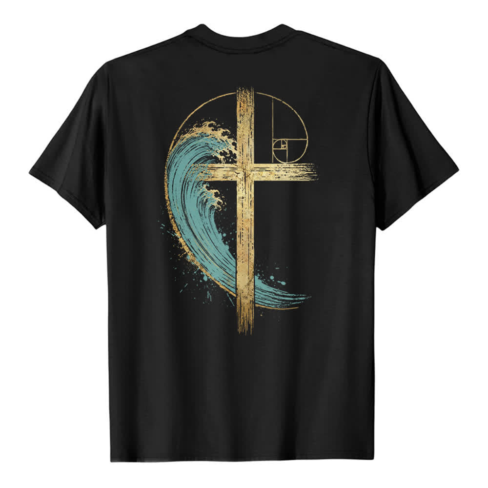 Christianartworkshop T-shirt classica con stampa su entrambi i lati e motivo a croce dorata e onda di Fibonacci - image 19
