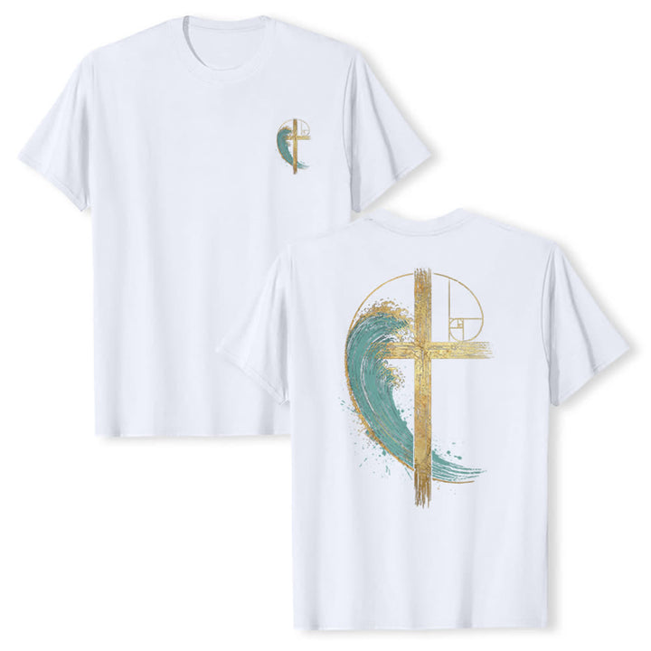 Christianartworkshop T-shirt classica con stampa su entrambi i lati e motivo a croce dorata e onda di Fibonacci - Bianco - 2XL - image 6