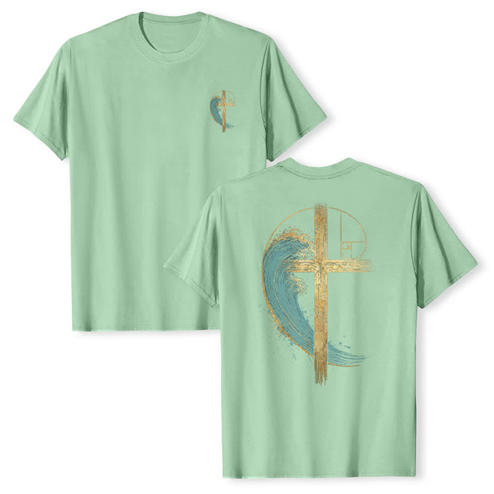 Christianartworkshop T-shirt classica con stampa su entrambi i lati e motivo a croce dorata e onda di Fibonacci - Verde chiaro - 2XL - image 0