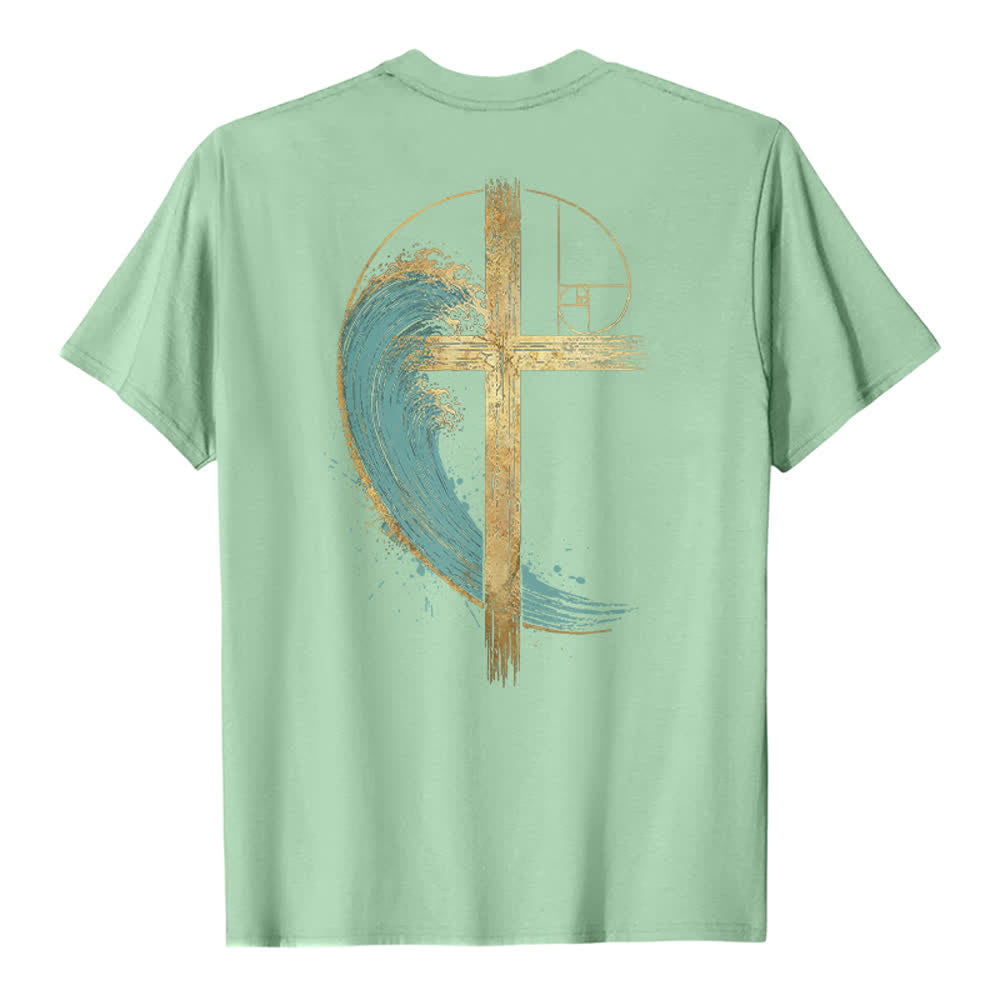 Christianartworkshop T-shirt classica con stampa su entrambi i lati e motivo a croce dorata e onda di Fibonacci - image 1