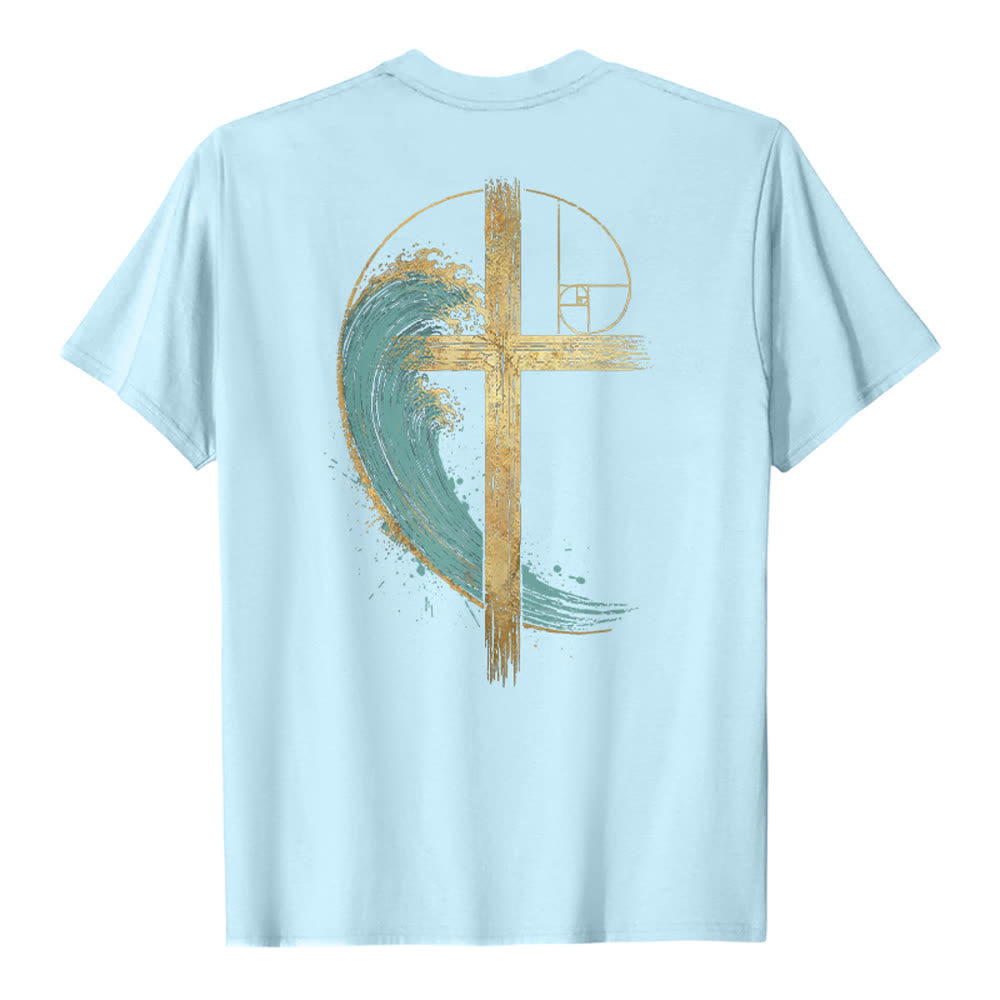 Christianartworkshop T-shirt classica con stampa su entrambi i lati e motivo a croce dorata e onda di Fibonacci - image 22