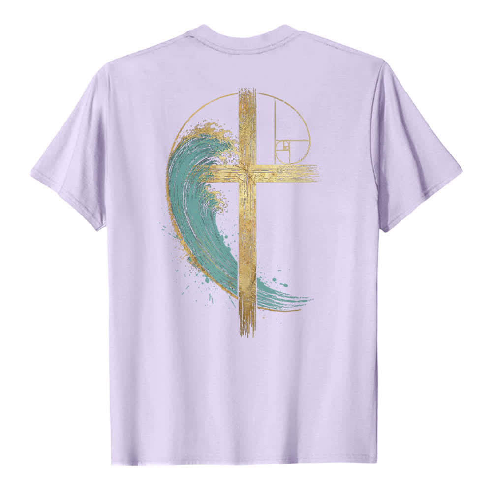 Christianartworkshop T-shirt classica con stampa su entrambi i lati e motivo a croce dorata e onda di Fibonacci - image 25