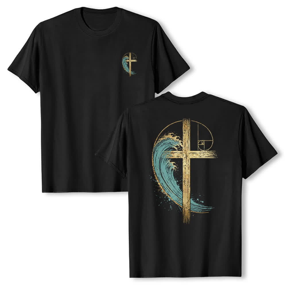 Christianartworkshop T-shirt classica con stampa su entrambi i lati e motivo a croce dorata e onda di Fibonacci - Nero - 2XL - image 18