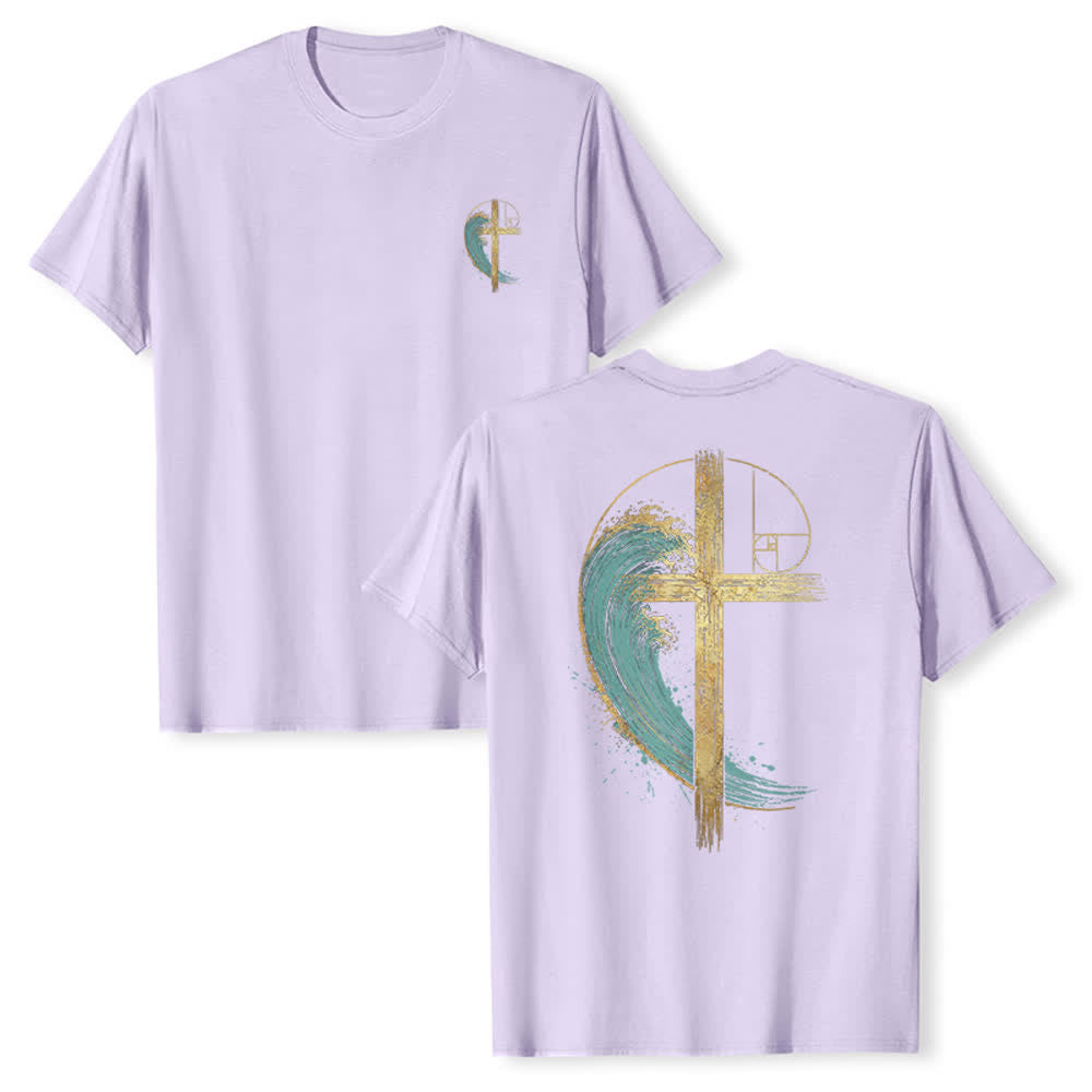 Christianartworkshop T-shirt classica con stampa su entrambi i lati e motivo a croce dorata e onda di Fibonacci - Viola - 2XL - image 24