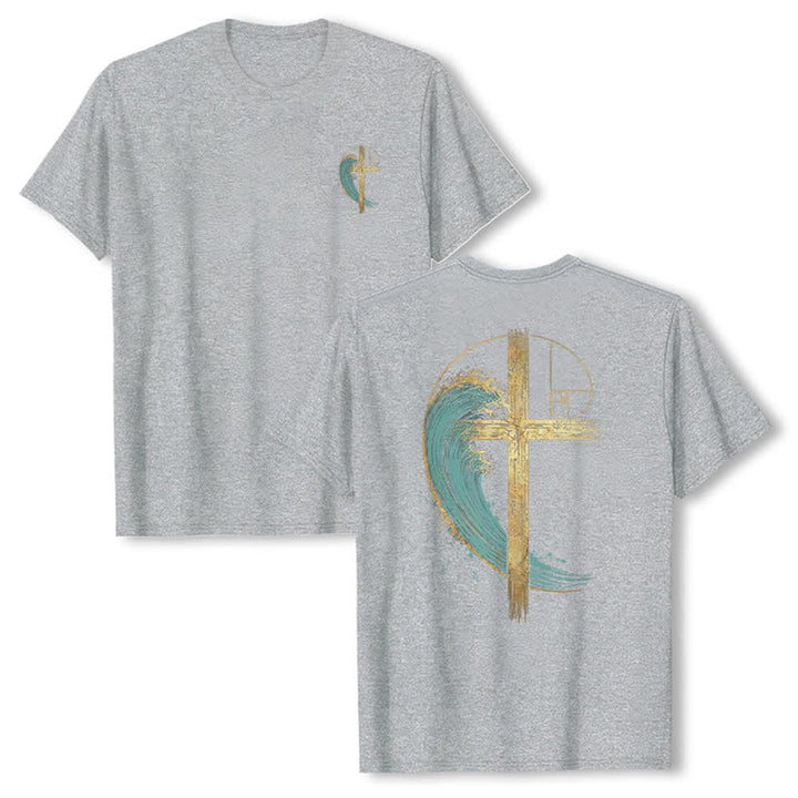 Christianartworkshop T-shirt classica con stampa su entrambi i lati e motivo a croce dorata e onda di Fibonacci - Grigio - 2XL - image 12