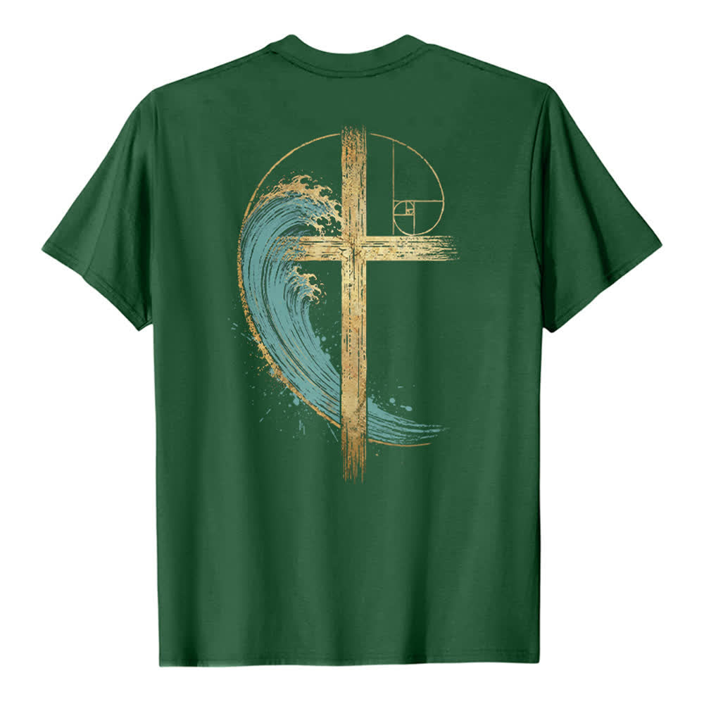Christianartworkshop T-shirt classica con stampa su entrambi i lati e motivo a croce dorata e onda di Fibonacci - image 16