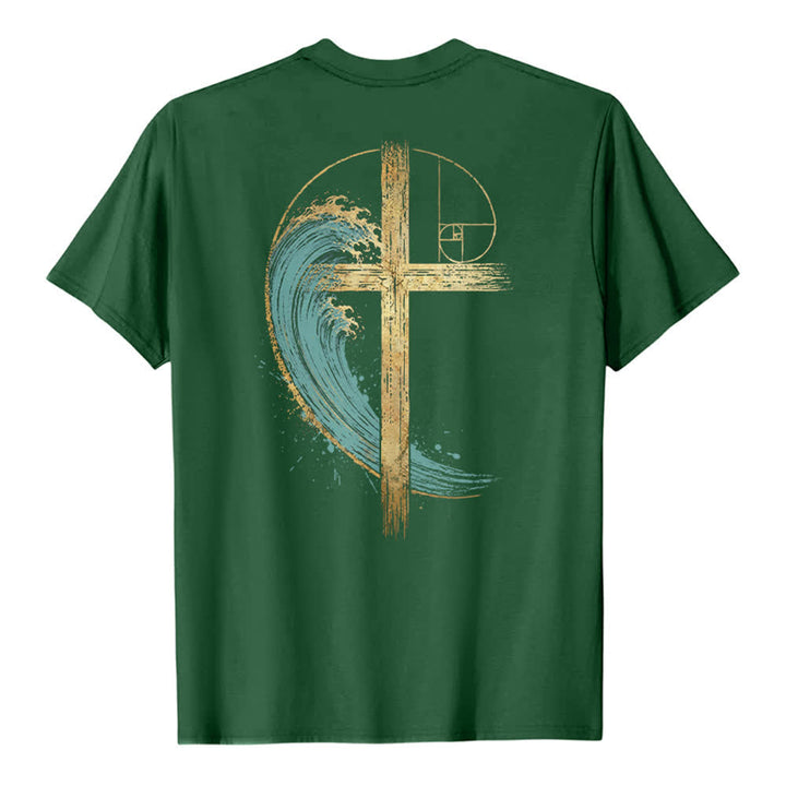 Christianartworkshop T-shirt classica con stampa su entrambi i lati e motivo a croce dorata e onda di Fibonacci - image 16