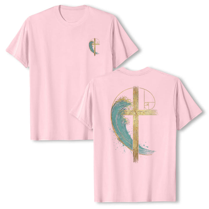 Christianartworkshop T-shirt classica con stampa su entrambi i lati e motivo a croce dorata e onda di Fibonacci - Rosa - 2XL - image 3