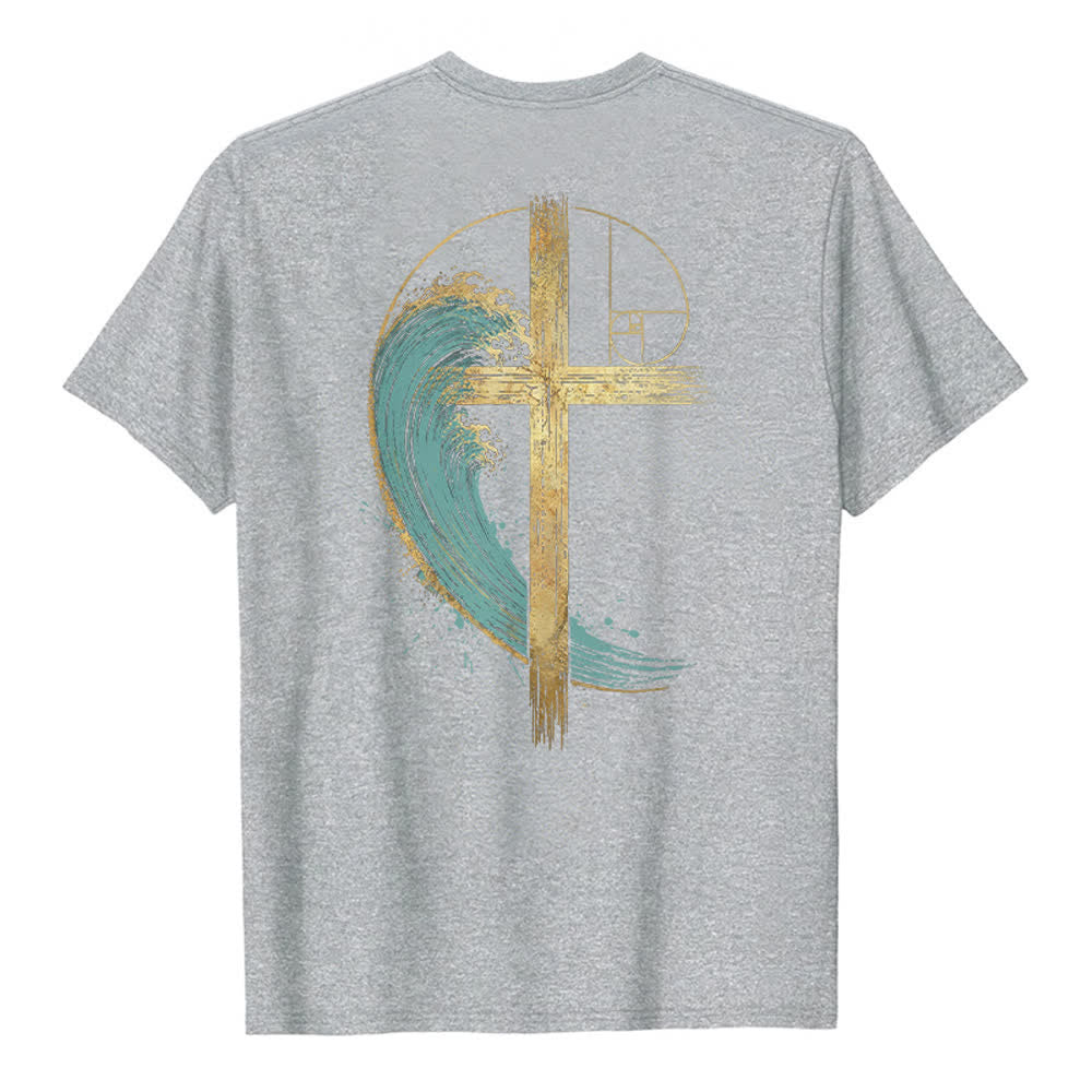 Christianartworkshop T-shirt classica con stampa su entrambi i lati e motivo a croce dorata e onda di Fibonacci - image 13
