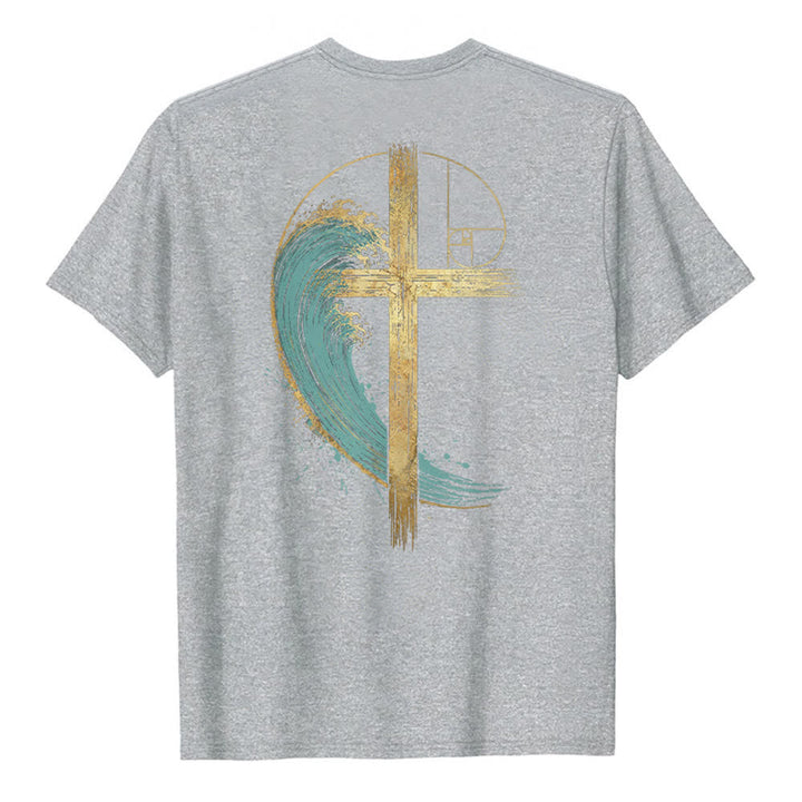 Christianartworkshop T-shirt classica con stampa su entrambi i lati e motivo a croce dorata e onda di Fibonacci - image 13
