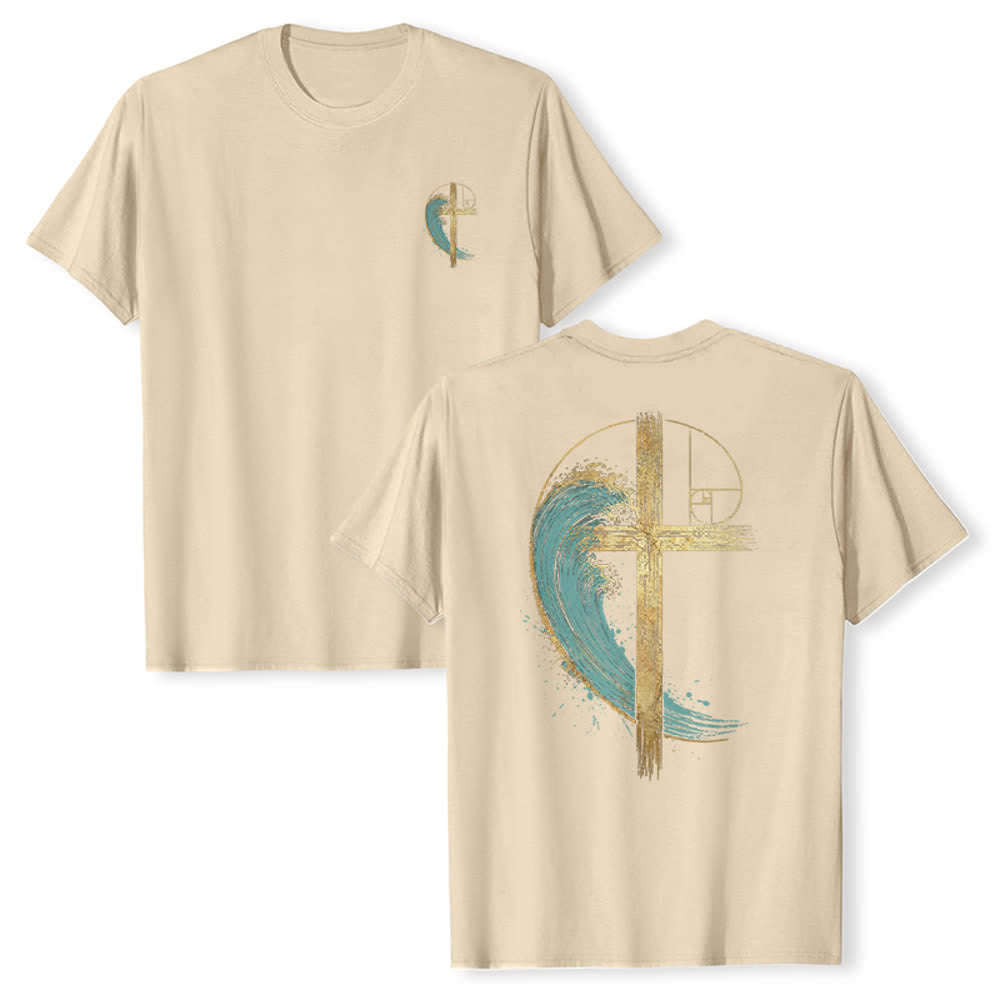 Christianartworkshop T-shirt classica con stampa su entrambi i lati e motivo a croce dorata e onda di Fibonacci - Beige - 2XL - image 9
