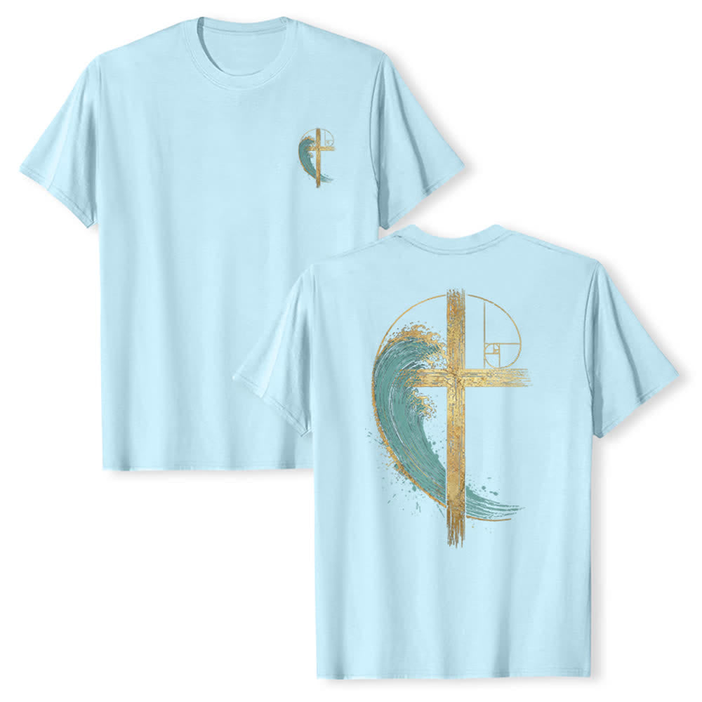 Christianartworkshop T-shirt classica con stampa su entrambi i lati e motivo a croce dorata e onda di Fibonacci - Blu - 2XL - image 21