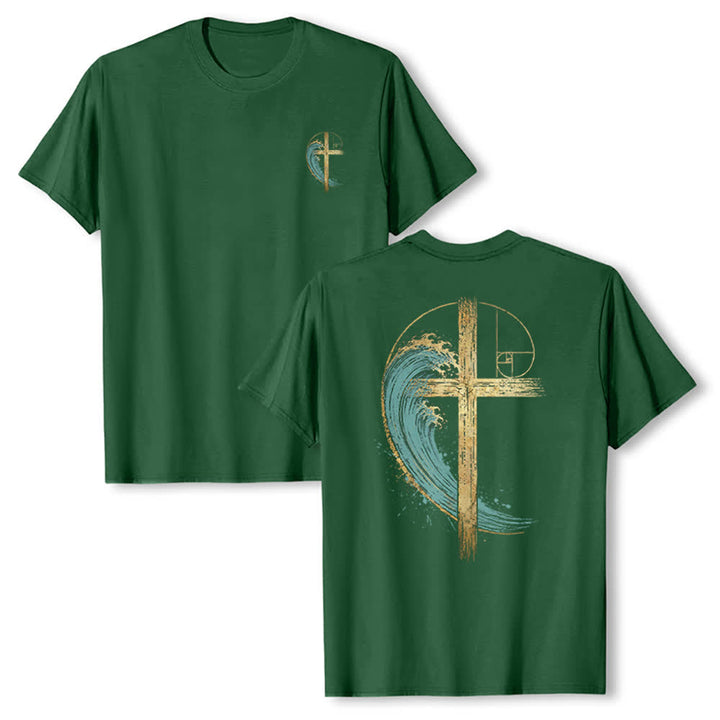 Christianartworkshop T-shirt classica con stampa su entrambi i lati e motivo a croce dorata e onda di Fibonacci - Verde scuro - 2XL - image 15