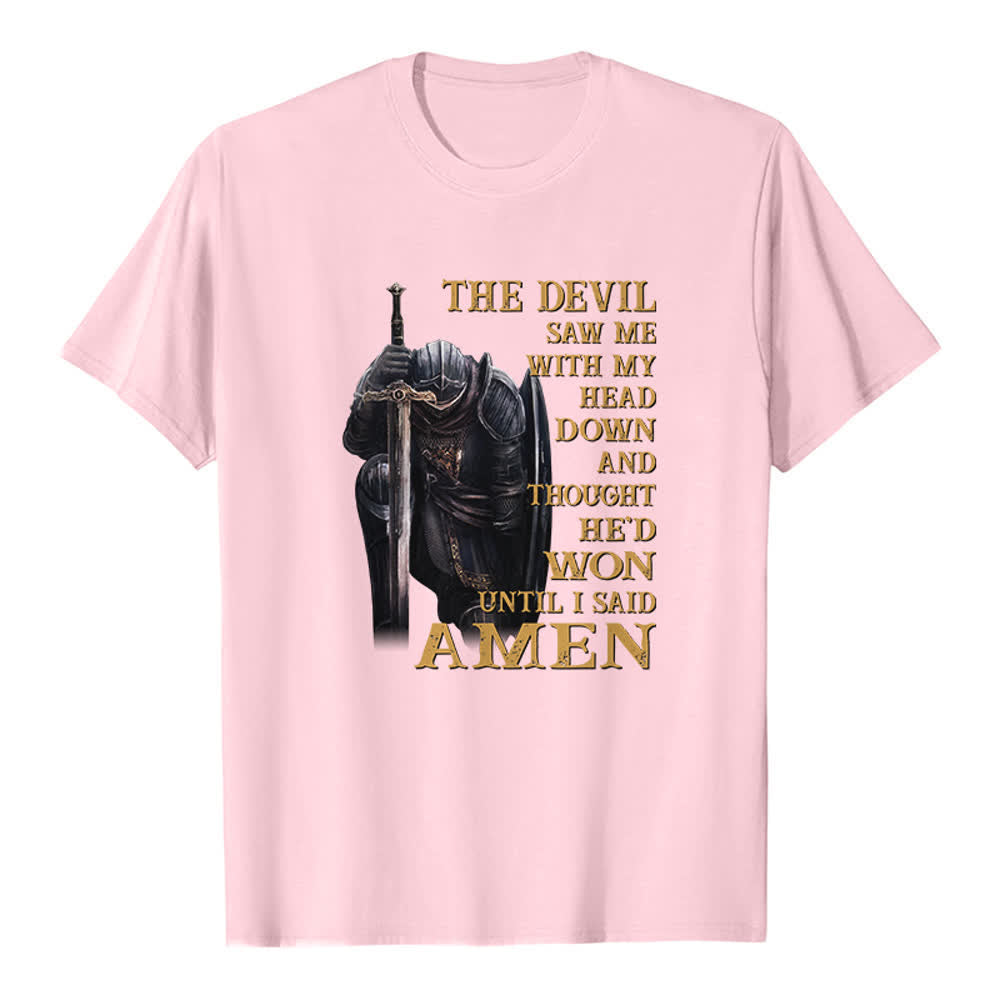 Maglietta classica con stampa "Guerriero inginocchiato - Il diavolo pensava di aver vinto finché non ho detto Amen" Christianartworkshop - Rosa - 2XL - image 2