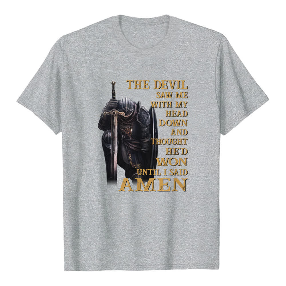 Maglietta classica con stampa "Guerriero inginocchiato - Il diavolo pensava di aver vinto finché non ho detto Amen" Christianartworkshop - Grigio - 2XL - image 5