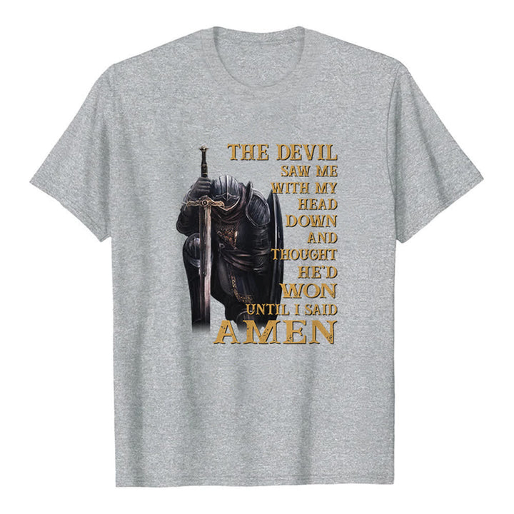 Maglietta classica con stampa "Guerriero inginocchiato - Il diavolo pensava di aver vinto finché non ho detto Amen" Christianartworkshop - Grigio - 2XL - image 5