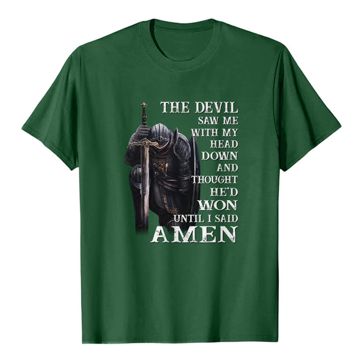 Maglietta classica con stampa "Guerriero inginocchiato - Il diavolo pensava di aver vinto finché non ho detto Amen" Christianartworkshop - Verde scuro - 2XL - image 6