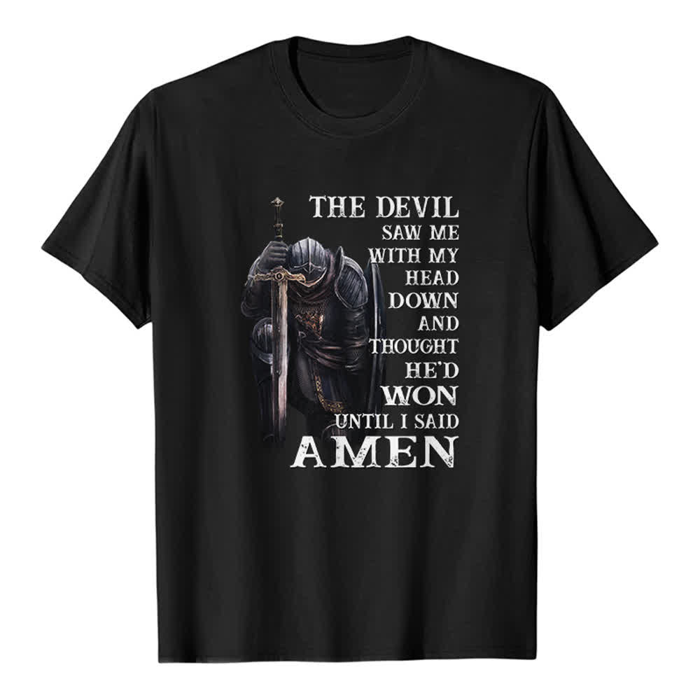 Maglietta classica con stampa "Guerriero inginocchiato - Il diavolo pensava di aver vinto finché non ho detto Amen" Christianartworkshop - Nero - 2XL - image 7