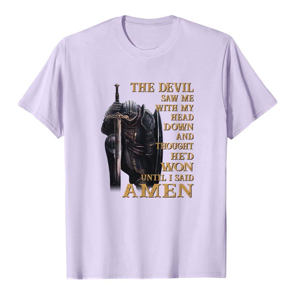 Maglietta classica con stampa "Guerriero inginocchiato - Il diavolo pensava di aver vinto finché non ho detto Amen" Christianartworkshop - Viola - 2XL - image 0