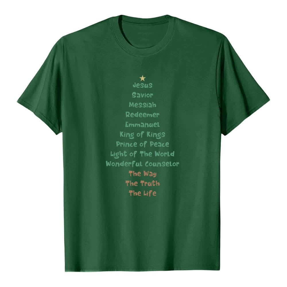 T-shirt classica con stampa fronte/retro dei nomi di Gesù e albero di Natale Christianartworkshop - Verde scuro - 2XL - image 0
