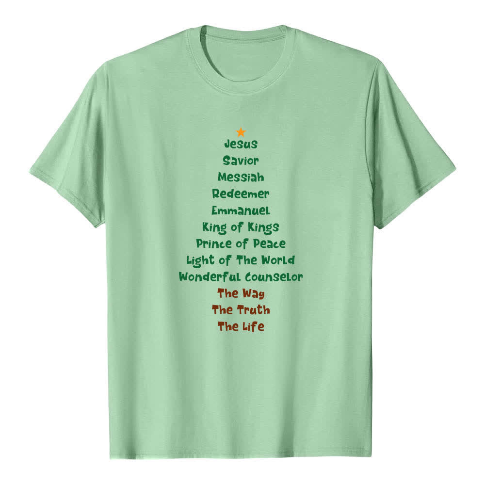T-shirt classica con stampa fronte/retro dei nomi di Gesù e albero di Natale Christianartworkshop - Verde chiaro - 2XL - image 4