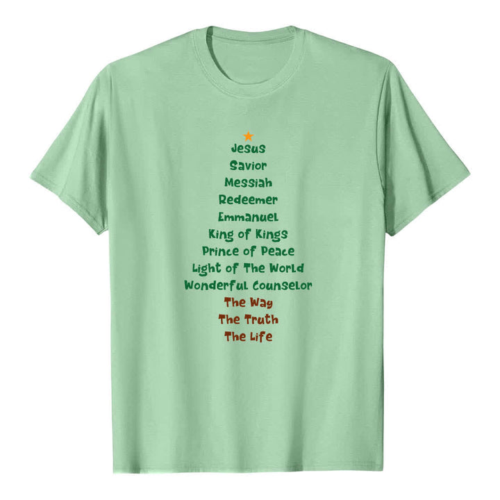 T-shirt classica con stampa fronte/retro dei nomi di Gesù e albero di Natale Christianartworkshop - Verde chiaro - 2XL - image 4
