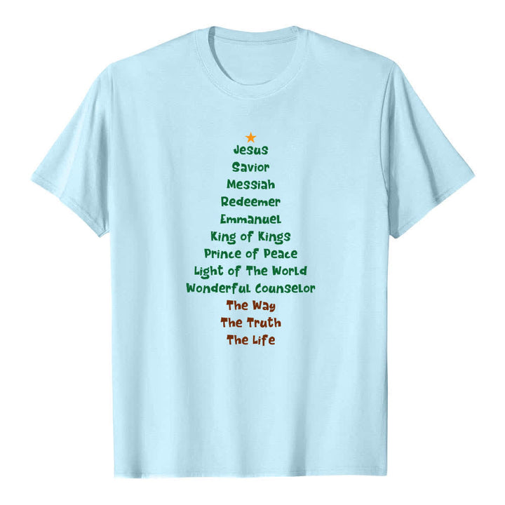 T-shirt classica con stampa fronte/retro dei nomi di Gesù e albero di Natale Christianartworkshop - Blu - 2XL - image 2