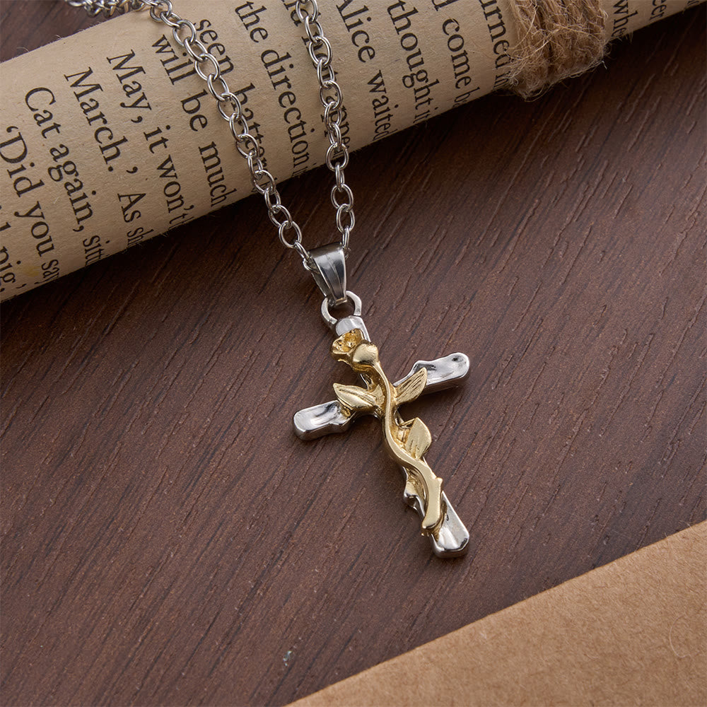 Christianartworkshop Collana con ciondolo a croce in lega con motivo a vite di rose - D'oro - image 3