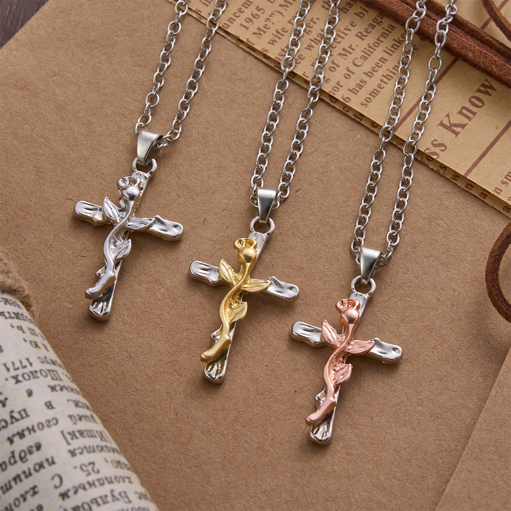 Christianartworkshop Collana con ciondolo a croce in lega con motivo a vite di rose - image 0