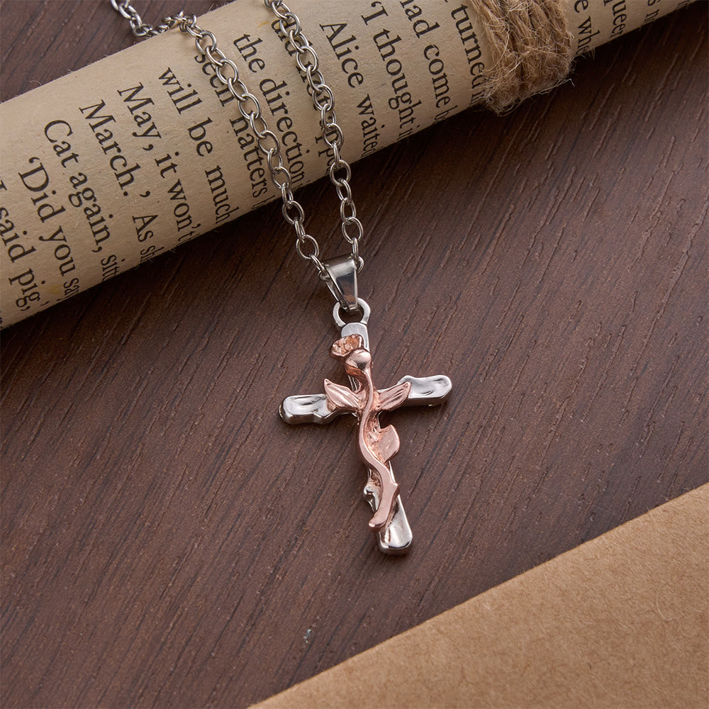 Christianartworkshop Collana con ciondolo a croce in lega con motivo a vite di rose - Oro rosa - image 4