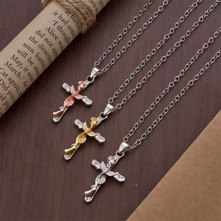 Christianartworkshop Collana con ciondolo a croce in lega con motivo a vite di rose - image 1