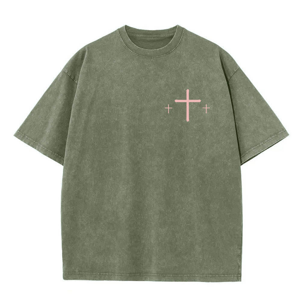 Christianartworkshop T-shirt lavata con stampa su entrambi i lati di una croce con la scritta "Fede contro la paura" e una croce. - image 5