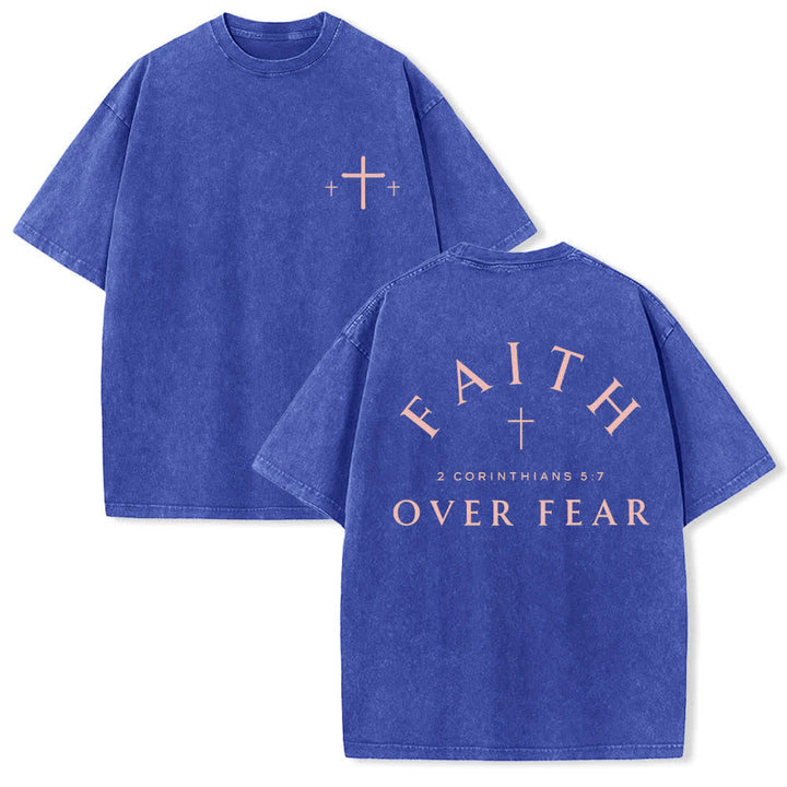 Christianartworkshop T-shirt lavata con stampa su entrambi i lati di una croce con la scritta "Fede contro la paura" e una croce. - Blu - 5XL - image 6