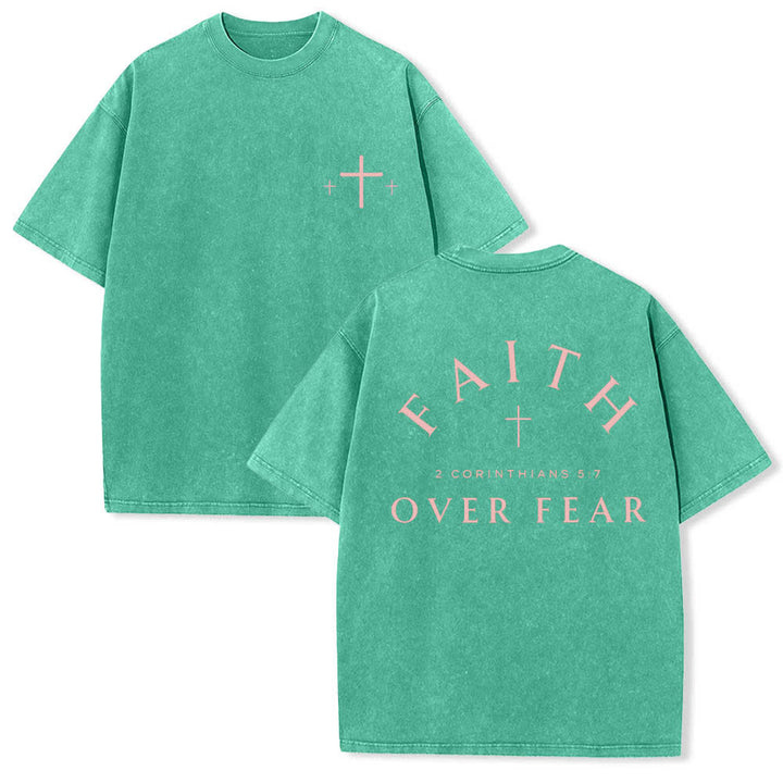 Christianartworkshop T-shirt lavata con stampa su entrambi i lati di una croce con la scritta "Fede contro la paura" e una croce. - Verde - 5XL - image 15