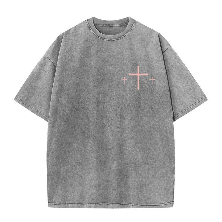 Christianartworkshop T-shirt lavata con stampa su entrambi i lati di una croce con la scritta "Fede contro la paura" e una croce. - image 14